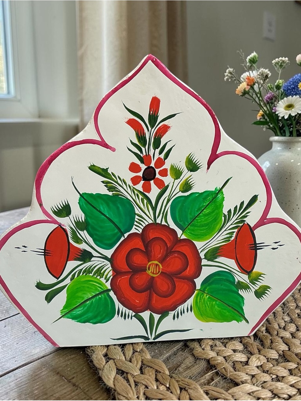 Hand-Painted Floral Decorative Napkin Holder - Red & Green